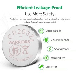 Warriors Pile CR2032 3V Lithium (x10) Pile Bouton Longue Durée pour Montres Télécommandes Clés Calculatrices Sécurité Enfant