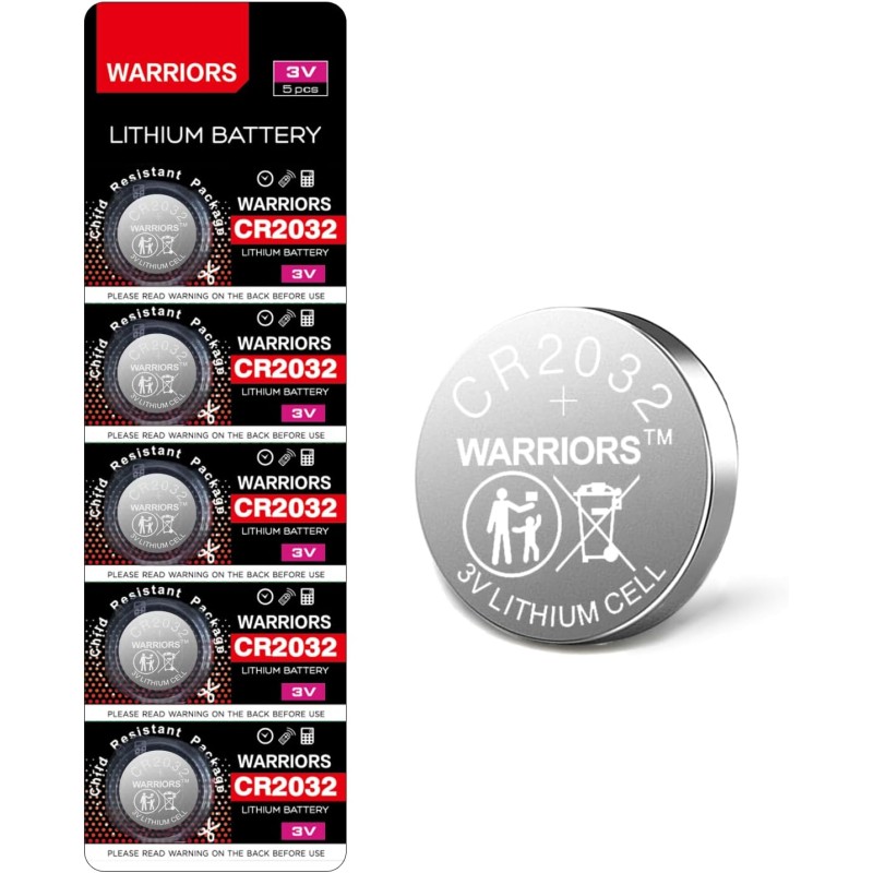 Warriors 5X Pile CR2032 3V Lithium Pile Bouton Longue Durée pour Montres Télécommandes Clés Calculatrices Sécurité Enfant