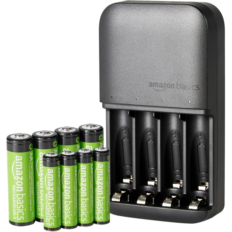 Amazon Basics NiMH rechargeables batteries (4 AAA 800mAh + 4 AA 2000mAh) avec chargeur à 4 emplacements, prise européenne, lot d