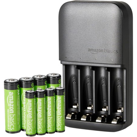 Amazon Basics NiMH rechargeables batteries (4 AAA 800mAh + 4 AA 2000mAh) avec chargeur à 4 emplacements, prise européenne, lot d