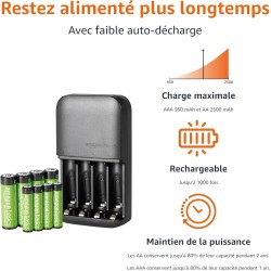 Amazon Basics NiMH rechargeables batteries (4 AAA 800mAh + 4 AA 2000mAh) avec chargeur à 4 emplacements, prise européenne, lot d