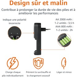 Amazon Basics NiMH rechargeables batteries (4 AAA 800mAh + 4 AA 2000mAh) avec chargeur à 4 emplacements, prise européenne, lot d