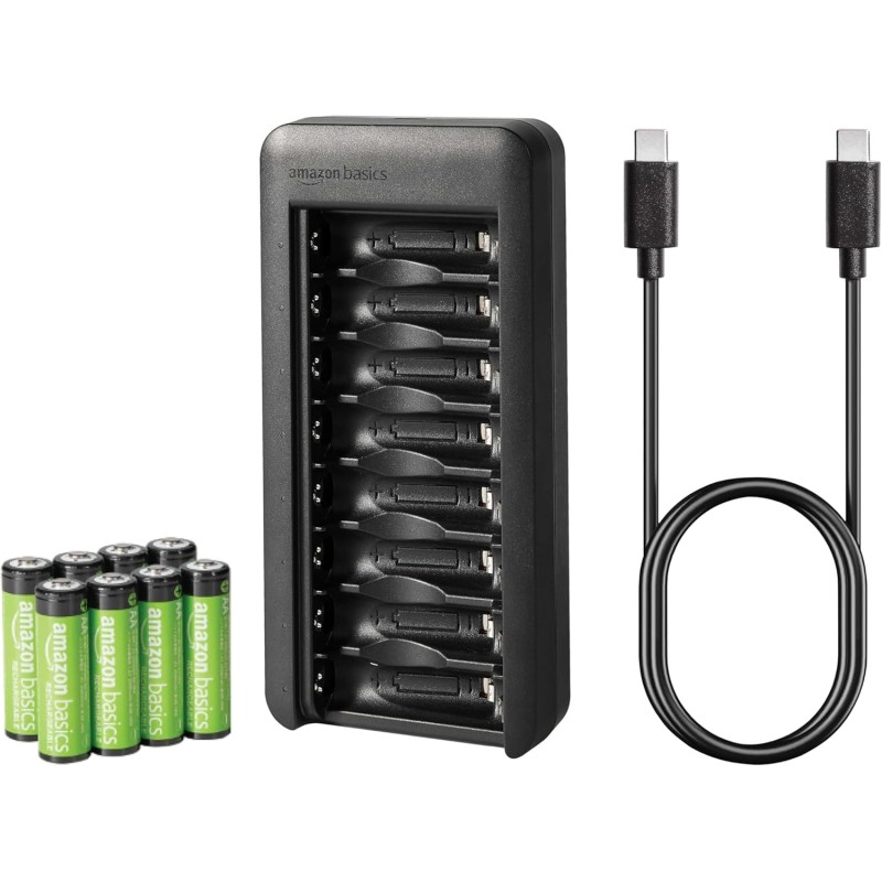 Amazon Basics Lot de 8 piles rechargeables NiMh AA 2000 mAh, avec chargeur de piles à 8 baies, sans adaptateur d'alimentation CA