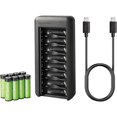 Amazon Basics Lot de 8 piles rechargeables NiMh AA 2000 mAh, avec chargeur de piles à 8 baies, sans adaptateur d'alimentation CA