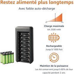 Amazon Basics Lot de 8 piles rechargeables NiMh AA 2000 mAh, avec chargeur de piles à 8 baies, sans adaptateur d'alimentation CA
