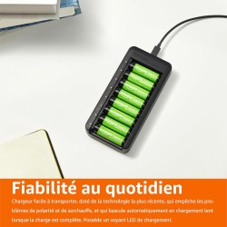 Amazon Basics Lot de 8 piles rechargeables NiMh AA 2000 mAh, avec chargeur de piles à 8 baies, sans adaptateur d'alimentation CA