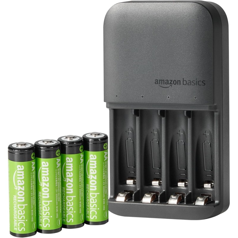 Amazon Basics batteries NiMH rechargeables avec chargeur à 4 emplacements, prise européenne, AA 2000mAh Lot de 4, Noir
