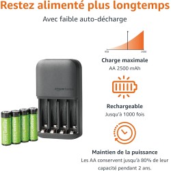 Amazon Basics batteries NiMH rechargeables avec chargeur à 4 emplacements, prise européenne, AA 2000mAh Lot de 4, Noir