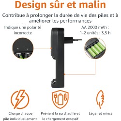 Amazon Basics batteries NiMH rechargeables avec chargeur à 4 emplacements, prise européenne, AA 2000mAh Lot de 4, Noir