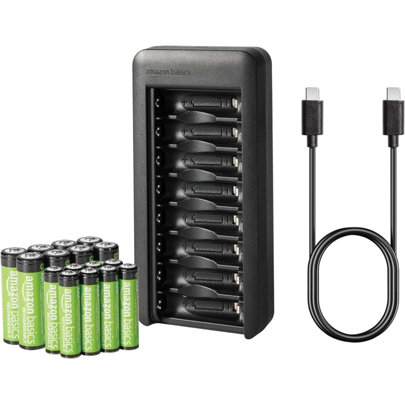 Amazon Basics Lot de 8 piles rechargeables NiMh AAA 800 mAh + lot de 8 piles rechargeables NiMh AA 2000 mAh, avec chargeur de pi