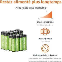 Amazon Basics Lot de 8 piles rechargeables NiMh AAA 800 mAh + lot de 8 piles rechargeables NiMh AA 2000 mAh, avec chargeur de pi