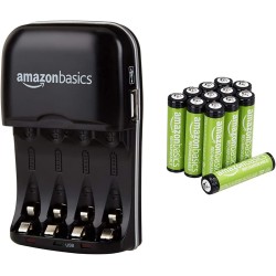 Amazon Basics Chargeur de Piles Ni-MH AA et AAA avec Port USB & Piles Rechargeables AAA, Pré-Chargées - Lot de 12