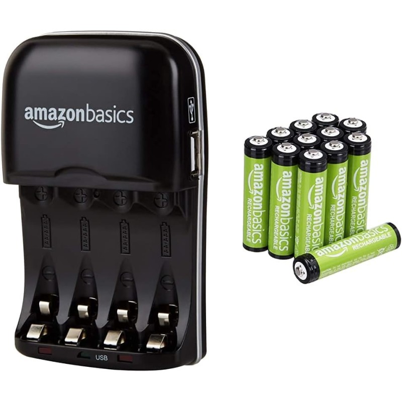 Amazon Basics Chargeur de Piles Ni-MH AA et AAA avec Port USB & Piles Rechargeables AAA, Pré-Chargées - Lot de 12