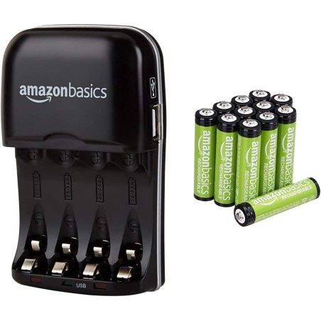 Amazon Basics Chargeur de Piles Ni-MH AA et AAA avec Port USB & Piles Rechargeables AAA, Pré-Chargées - Lot de 12