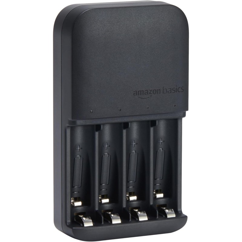Amazon Basics Chargeur de piles pour piles rechargeables AA et AAA NiMh - Prise européenne, 4 emplacements, Noir