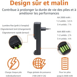 Amazon Basics Chargeur de piles pour piles rechargeables AA et AAA NiMh - Prise européenne, 4 emplacements, Noir
