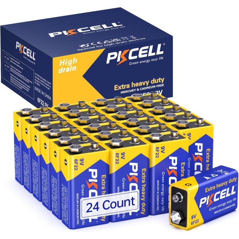 PKCELL Lot de 24 piles 9 V 6F22/PP3 haute performance pour détecteurs de fumée, voiture télécommandée