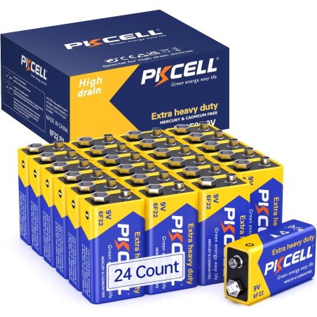 PKCELL Lot de 24 piles 9 V 6F22/PP3 haute performance pour détecteurs de fumée, voiture télécommandée