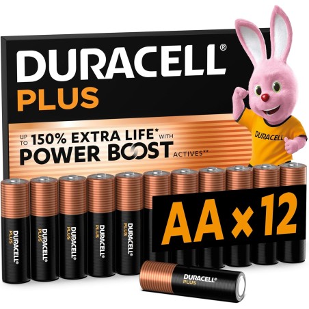 DURACELL Plus Piles AA (Lot de 12) – Piles Alcalines 1,5 V–Durent jusqu’à 150 % plus longtemps grâce aux Actifs POWER BOOST–Fiab