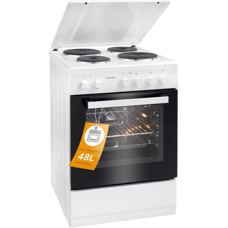 Boman, Cuisinière Electrique 4 plaques et four de 48L, Largeur 50 cm, cuisine avec plaque couvre-feu, allumage manuel, 4 foyers 
