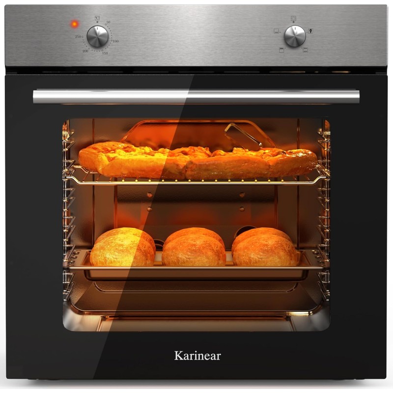 Karinear Four Electrique 60 cm avec Bouton de Commande, Four Encastrable 65 L, 4 Programmes, 50-250 °C, avec Panneau en Acier In