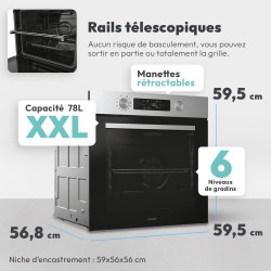 CANDY - Four Encastrable à Chaleur Pulsée - Pyrolyse/Hydrolyse, 6 Niveaux de Cuisson - A++ - Cavité XXL (78L), Rails Télescopiqu