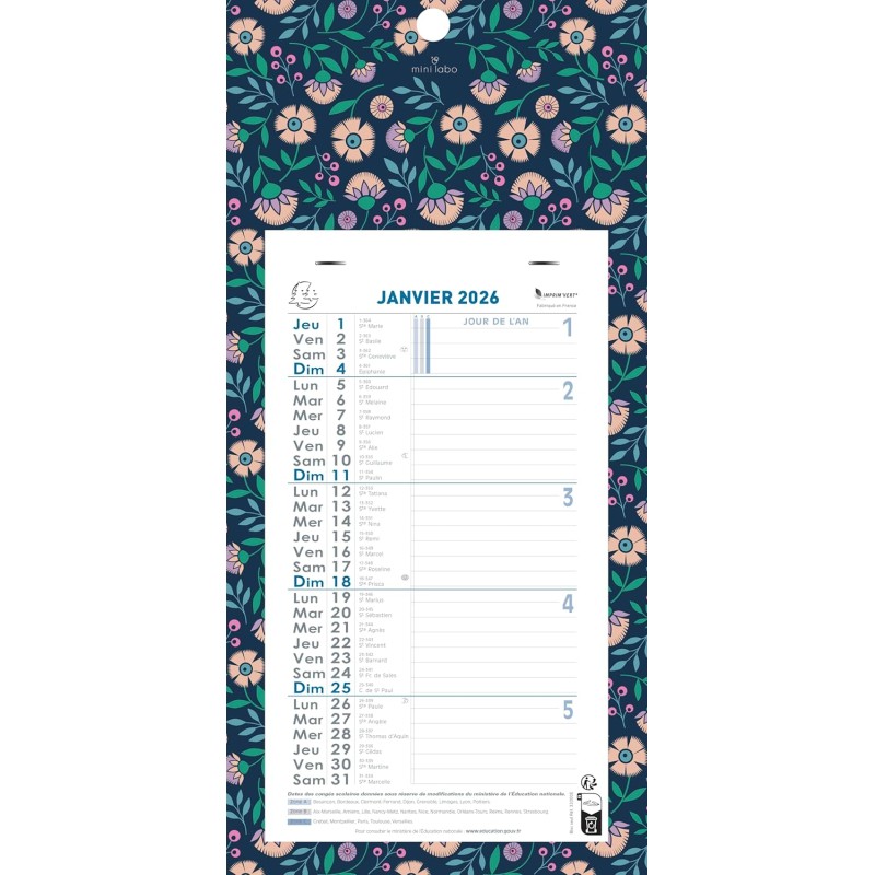 Exacompta - 33218E - Calendrier mensuel avec feuillets détachables 13 x 23 cm - Sur support plaque imprimée Mini Labo 16 x 33 cm
