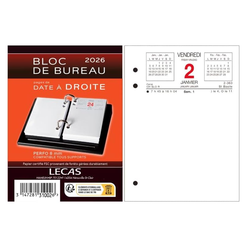 Calendrier Lecas Bloc Date A Droite 8,5X11,5 1 Jour par Page 2026
