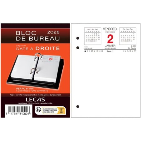 Calendrier Lecas Bloc Date A Droite 8,5X11,5 1 Jour par Page 2026