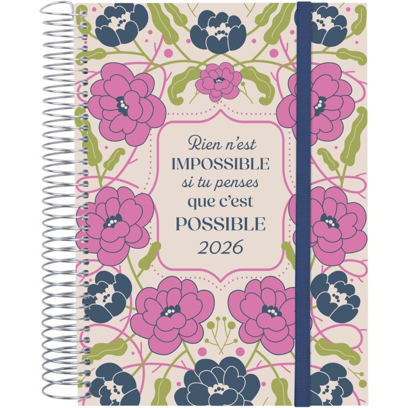 Finocam – Agenda Spirale 2026 1 Jour par page | Janvier – Décembre (12 mois) | Agenda annuel 2026 avec élastique | Couverture po