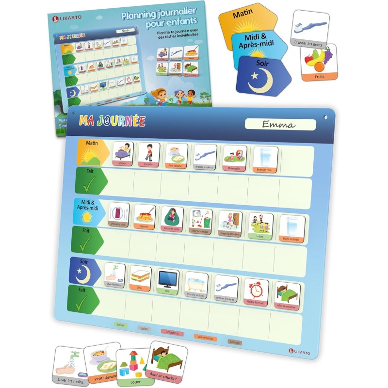 Planning journalier pour Enfants - Tableau magnétique Montessori Enfants avec 147 aimants et cordelette - Entièrement inscriptib
