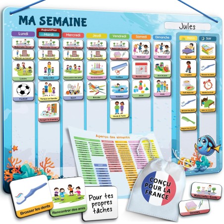 2-en-1 Tableau Enfant - Semainier & Routine Enfant avec 194 Aimants – Tableau Magnétique à Dos Aimanté - Planning Journalier - O