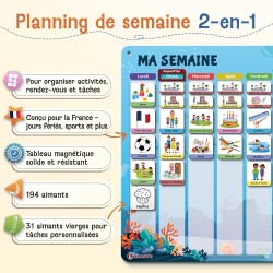 2-en-1 Tableau Enfant - Semainier & Routine Enfant avec 194 Aimants – Tableau Magnétique à Dos Aimanté - Planning Journalier - O