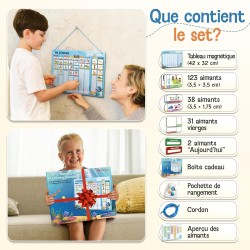 2-en-1 Tableau Enfant - Semainier & Routine Enfant avec 194 Aimants – Tableau Magnétique à Dos Aimanté - Planning Journalier - O
