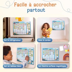 2-en-1 Tableau Enfant - Semainier & Routine Enfant avec 194 Aimants – Tableau Magnétique à Dos Aimanté - Planning Journalier - O
