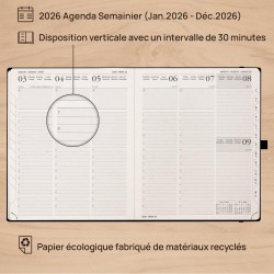 POPRUN Agenda 2026 Semainier Vertical 26,5 x 21,5 cm - Couverture rigide Écologique biodégradable, D'Jan 2026 à Déc 2026, Avec s