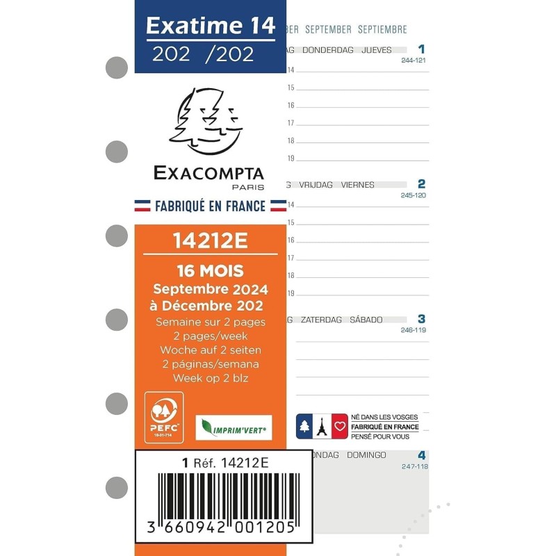 Exacompta - 14212E - Recharge Pour Organiseur Exatime 14 - Semainier Millésimé - Semaine sur 2 Pages - 12,6 cm x 8,1 cm - Septem