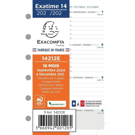 Exacompta - 14212E - Recharge Pour Organiseur Exatime 14 - Semainier Millésimé - Semaine sur 2 Pages - 12,6 cm x 8,1 cm - Septem