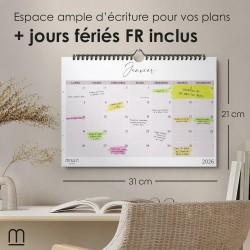 Calendrier Mural 2026 A4 – Planificateur Annuel Mensuel Juillet 2025 à Décembre 2026 – Parfait pour Maison Bureau École et Famil