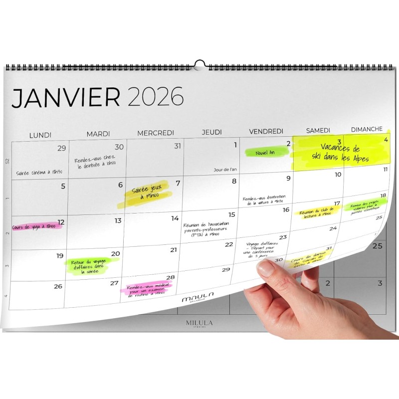 Calendrier Mural 2026 A4 – Planificateur Annuel Mensuel Juillet 2025 à Décembre 2026 – Parfait pour Maison Bureau École et Famil