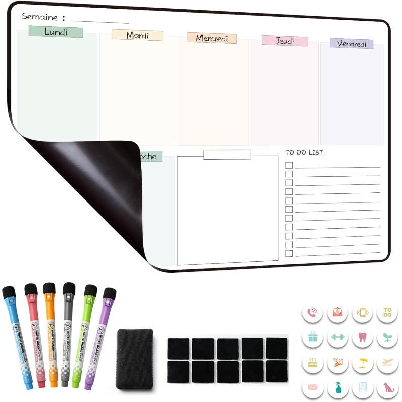 Calendrier Magnetique Organisateur Tableau Frigo, Planning Semaine Magnetique, Planificateur de Menus/Repas, Planificateur Hebdo