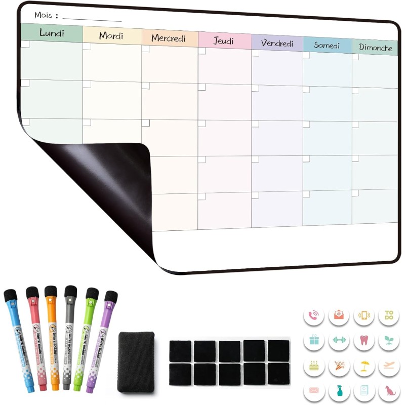 Calendrier Tableau Organisateur Magnetique Frigo, Planning Semaine/Mensuel Frigo Magnétique,Planificateur Hebdomadaire, 42×28cm 