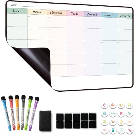 Calendrier Tableau Organisateur Magnetique Frigo, Planning Semaine/Mensuel Frigo Magnétique,Planificateur Hebdomadaire, 42×28cm 