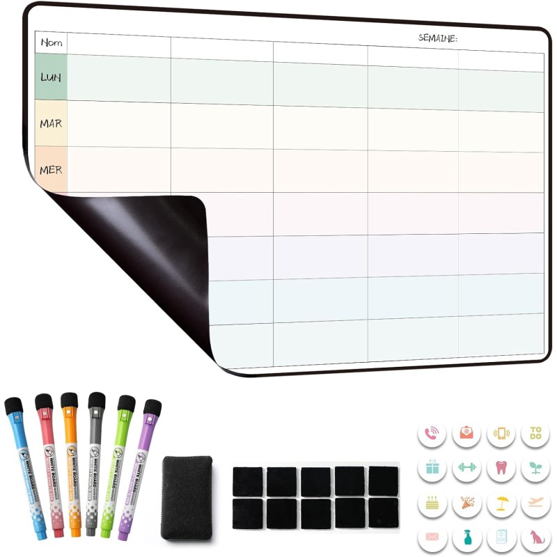 Planning Semaine, Calendrier magnetique Frigo,Tableau Organisateur Familial,Planificateur des Menus/Repas Hebdomadaire 42×28cm e