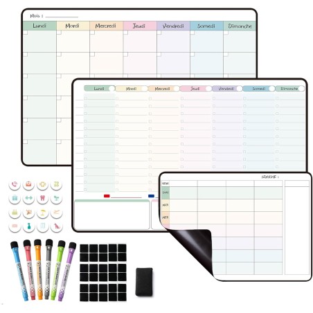 Planning Semaine,Calendrier magnetique Frigo,emploi du temps,Planificateur Hebdomadaire,Tableau Organisateur Familial, Planning 