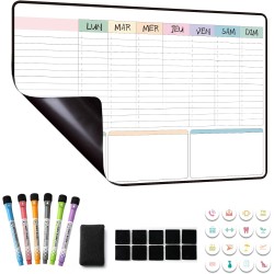 Planning Semaine, Calendrier Frigo magnetique,Planificateur Hebdomadaire,Tableau Organisateur Familial effacable 42×28cm en Fran