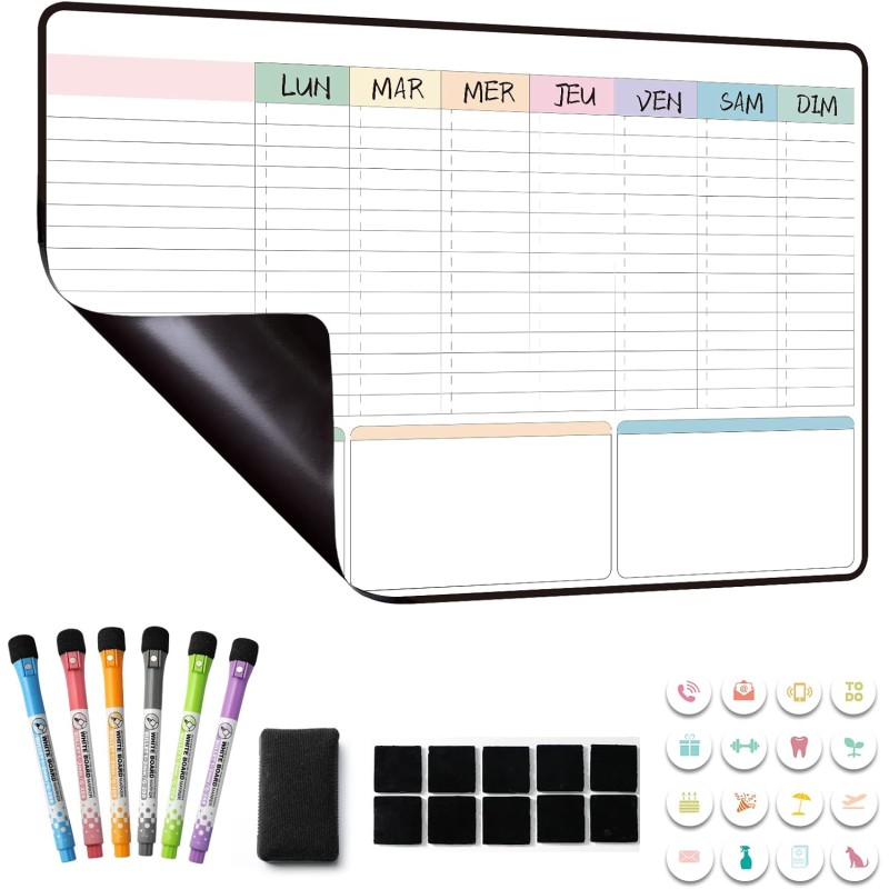 Planning Semaine, Calendrier Frigo magnetique,Planificateur Hebdomadaire,Tableau Organisateur Familial effacable 42×28cm en Fran