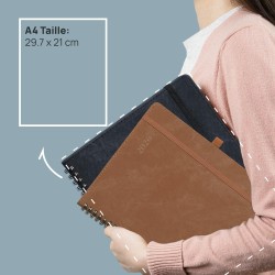 POPRUN Agenda 2026 Semainier A4 Grand Format 29,7 x 21 cm en Français - Couverture Souple en PU Cuir Spirale, Intervalles de 15 