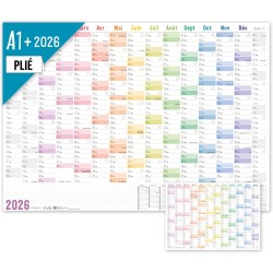 Häfft® Calendrier mural XXL 2026 A1+ de papier en français (63 x 89 cm) plié "Rainbow" + agenda annuel A4 gratuit, avec jours fé