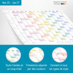 Häfft® Calendrier mural XXL 2026 A1+ de papier en français (63 x 89 cm) plié "Rainbow" + agenda annuel A4 gratuit, avec jours fé